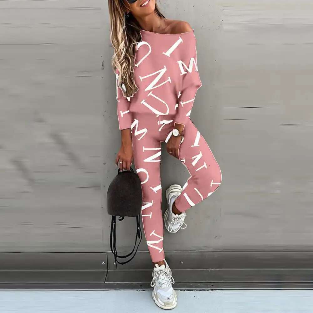 Casual Sweatsuit Two Pieces Set Off Shoulder Women Spring Letters Outfit Sports Suit Skin-friendly