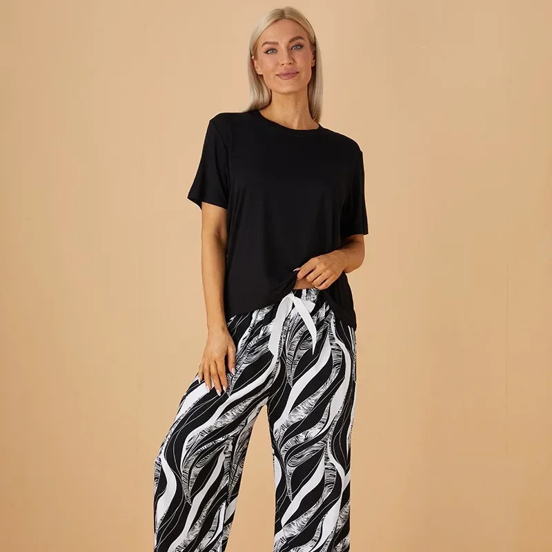 womens home clothing sleepwear set fashionable cotton contrasting color comfortable short sleeved wide leg pants 250409