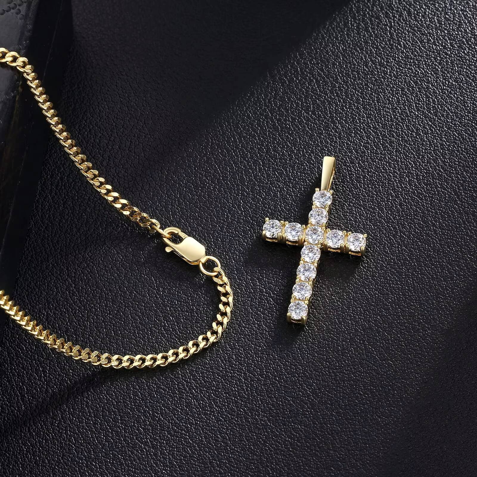 Shiny Cross Diamond Necklaces 14K Gold Plated S925 Cuban Chain 11Carat Moissanite Sterling Silver Cross Pendant for Men Women