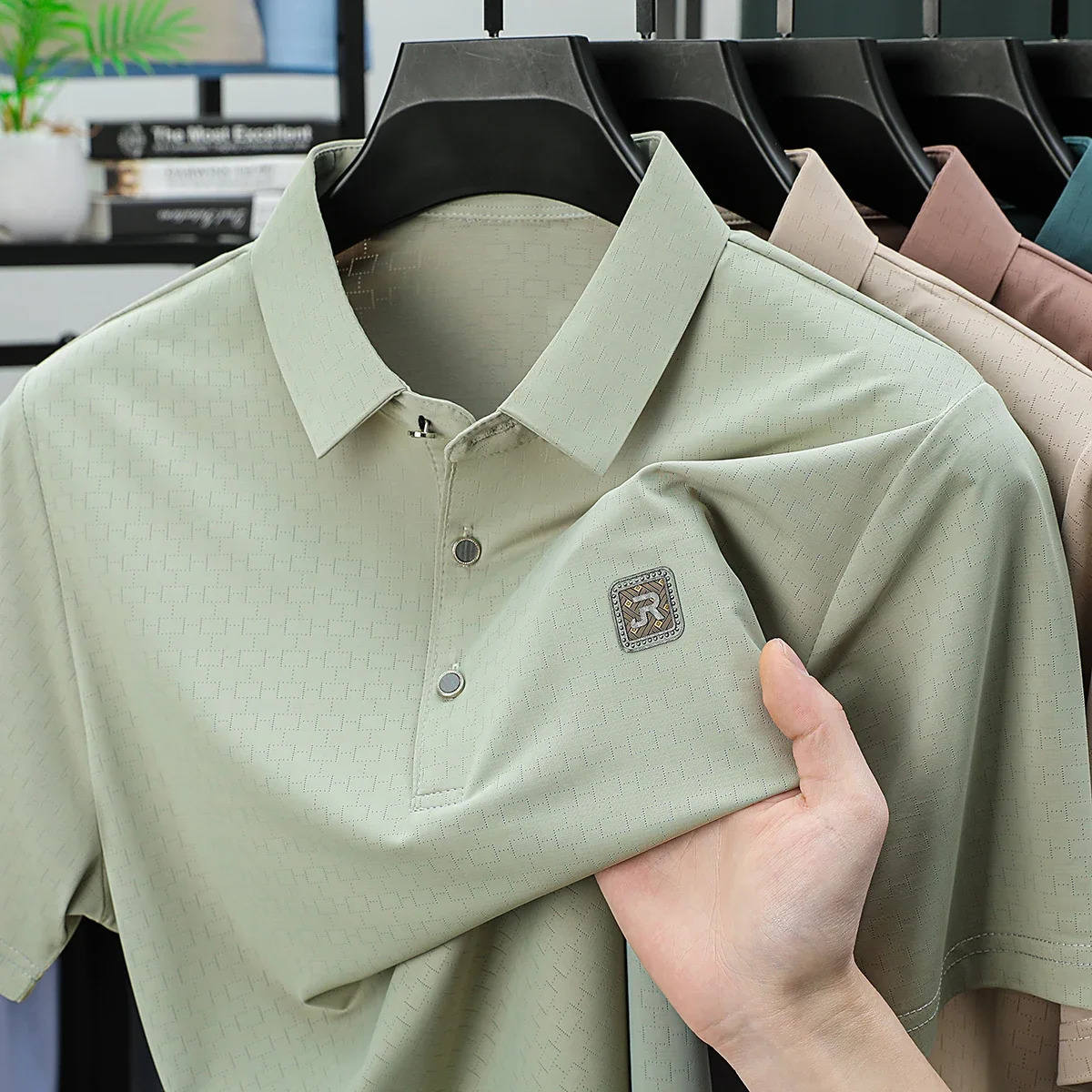Mens Trendy Summer Lapel Polo Shirt Short Sleeve Seamless Ice Silk Business Casual Print Fashion T-shirt Top 250407