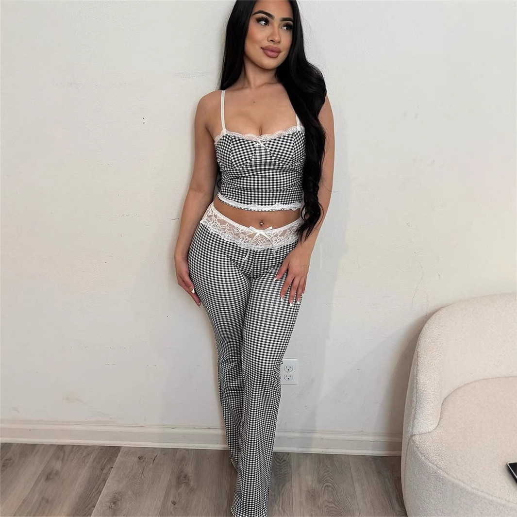 2025S Designer Women S Set Summer Sexy Checkered Printed Umbilical Top With Lace Strap Up Waist Pants Set For Women