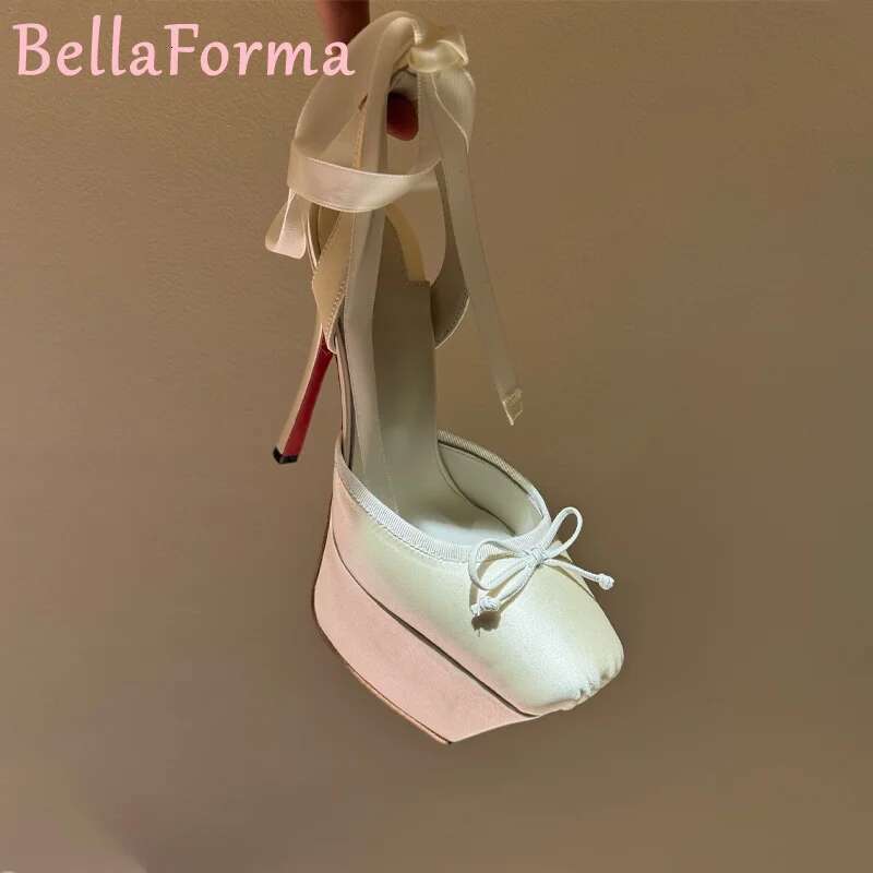 Women's Platform Silk Bow Ribbon High Heels Sweet Catwalk Banquet Wedding Formal Dress Square Toe Pleated Sgback Sandals 2025