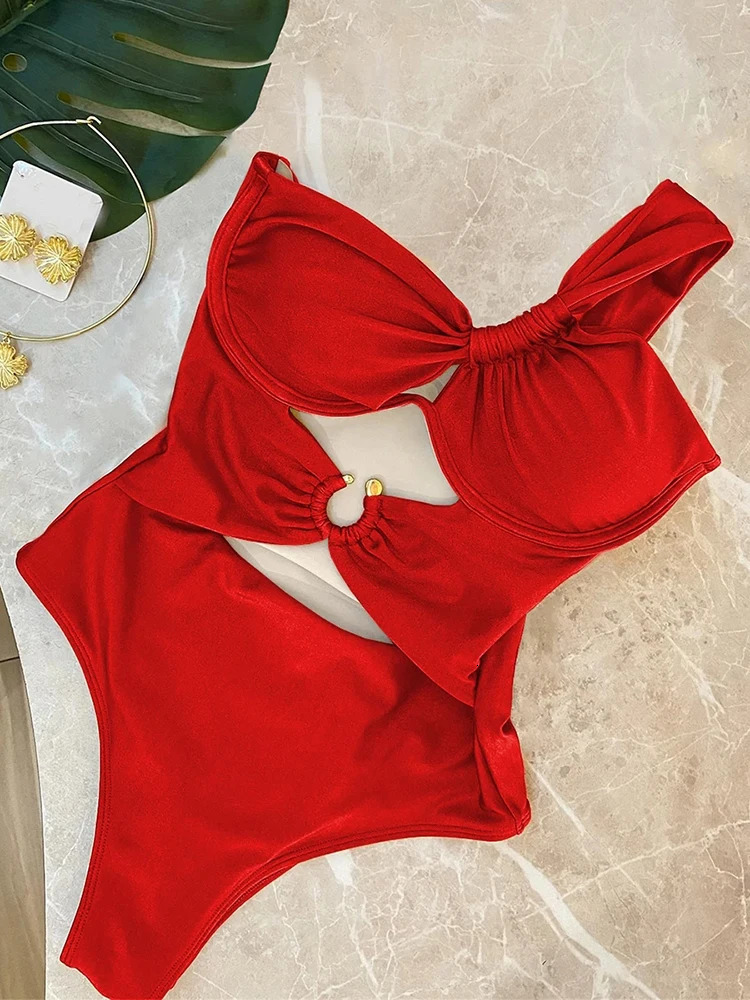 OIINAA single shoulder swimsuit womens beachwear hollow pleated onepiece fashionable bikini 250409