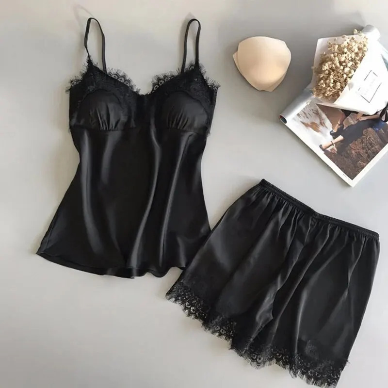Women Pajama Suit Fashion V-Neck Stretch Satin Babydoll Lace Sexy Lingerie Bowknot Pyjamas Sleep Shorts Set Sleepwear 250409