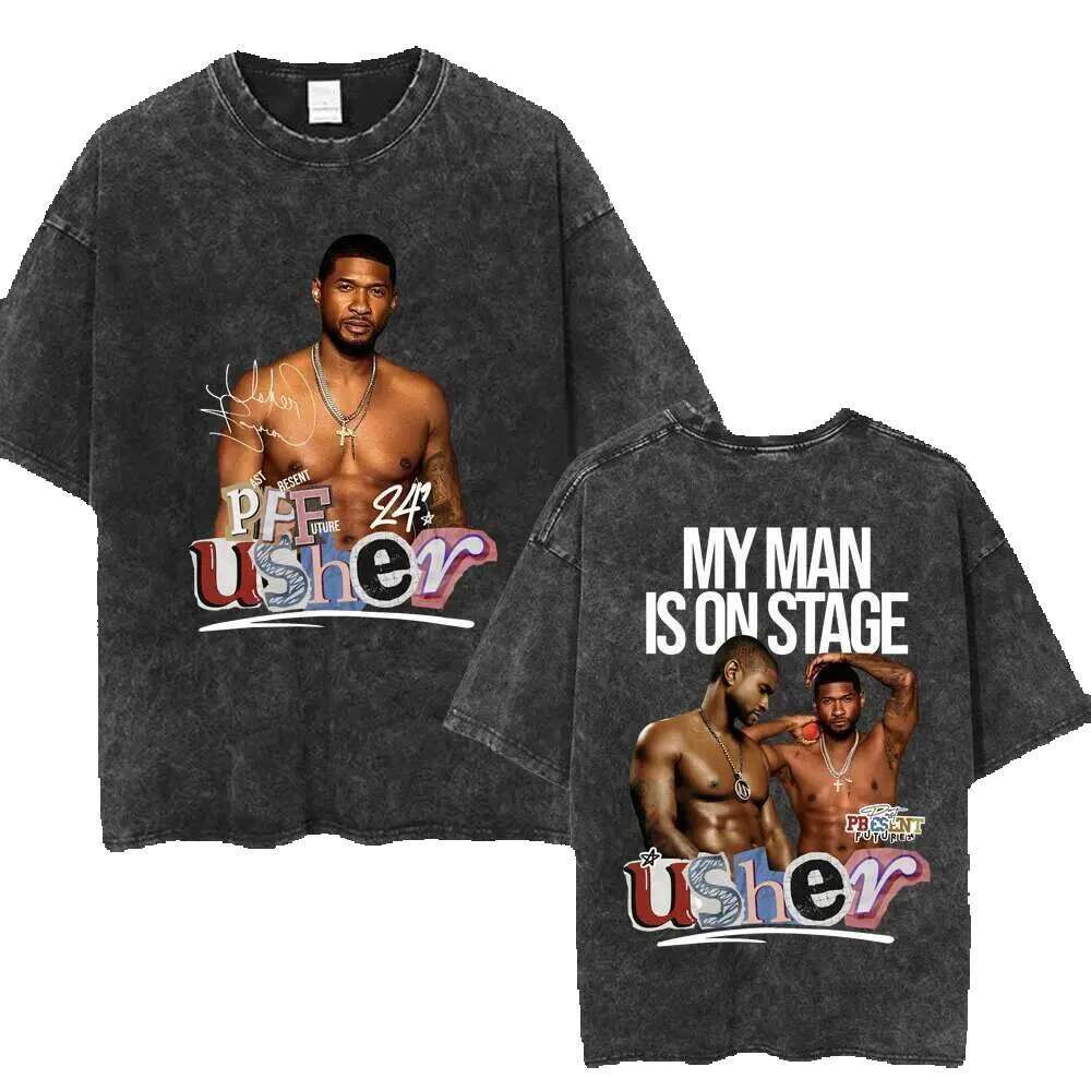 Usher Past, Present, Future 2024 Tour Washed Hip Hop Retro Haruku Men's and Women's Bulk High Quality Cotton Street T-shirt