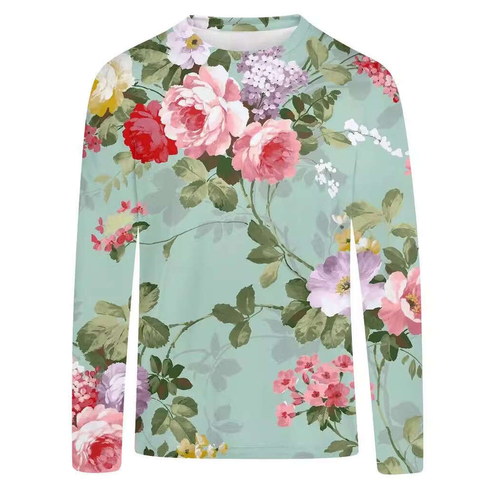 3D digital printed women's autumn artistic T-shirt round neck casual small fresh floral long sleeved top