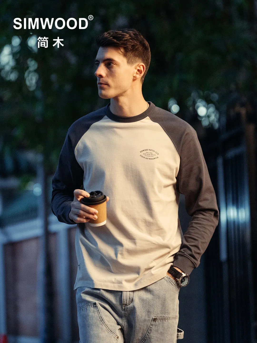 SIMWOO 2025 Spring 280g Fabric Oversize Long Raglan Sleeve 100% Cotton T-shirts Men Plus Size Contrast Color Tops 250409