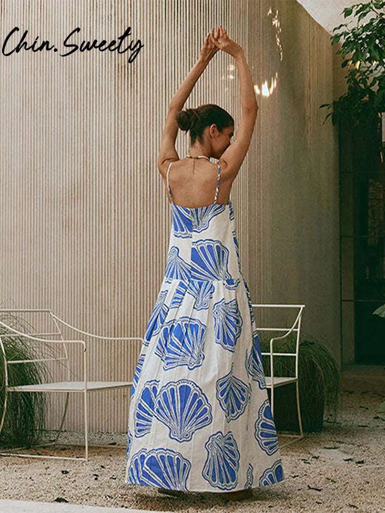 Fashion Printed Women Sg Dress Pleated Square Collar Sleeveless Backless Female Long Dresses 2025 Spring Summer Lady Robe