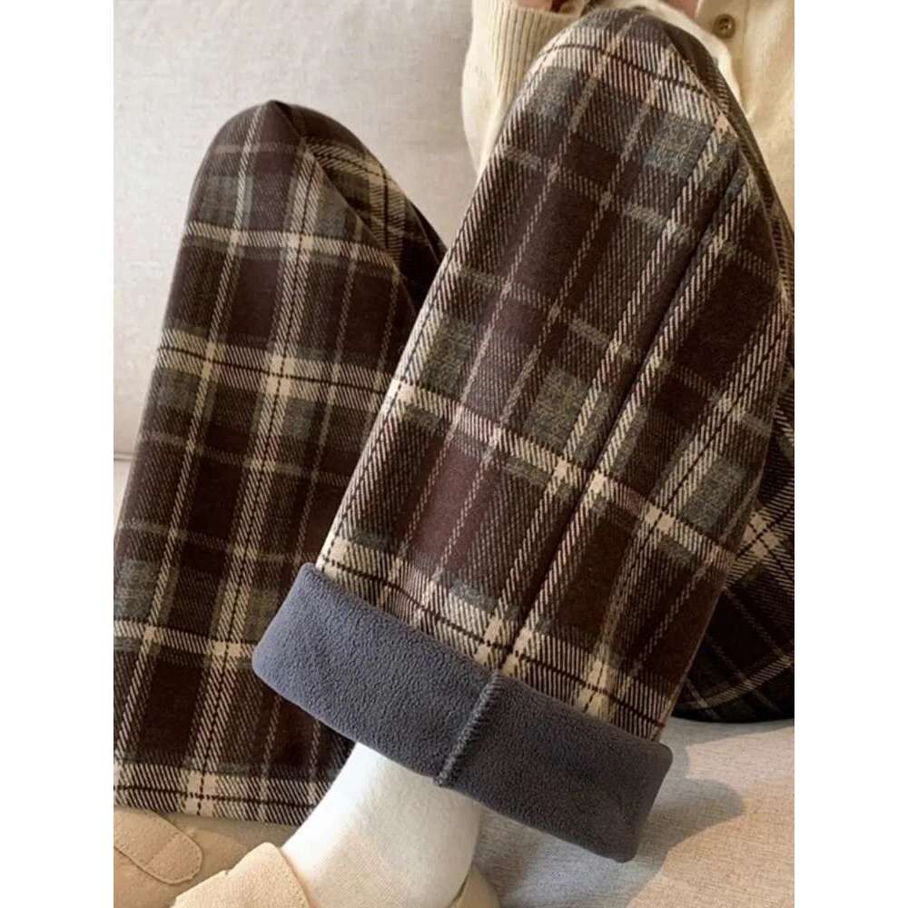 Fluffy Plaid Wide For Women, Autumn And Winter Retro High Waisted Lazy Casual Slim Straight Leg Pants