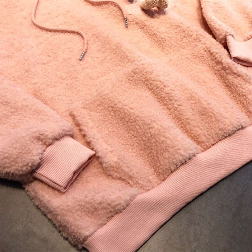 23 Autumn/Winter Women's Cute Pocket Teddy Bear Lamb Fleece Korean Loose Straight Hoodie