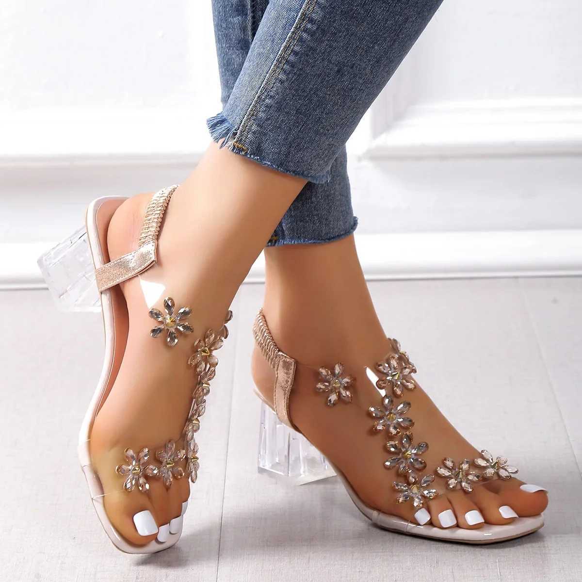 New Arrival woman; Womens PVC Crystal Flower Shoes Decorative Short and Fat High Heel Sandals Womens Strap Fashion Shoes T250409