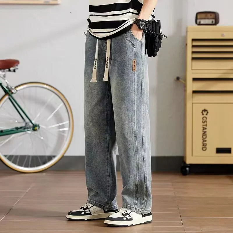 Spring and autumn selling mens fashionable sports and casual jeans loose long leg streetwear Trouser classic elastic waist jeans 250408