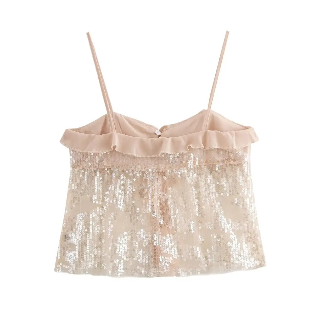 Womens fashion pleated hem sequin n chiffon camisole backless womens short top 250409