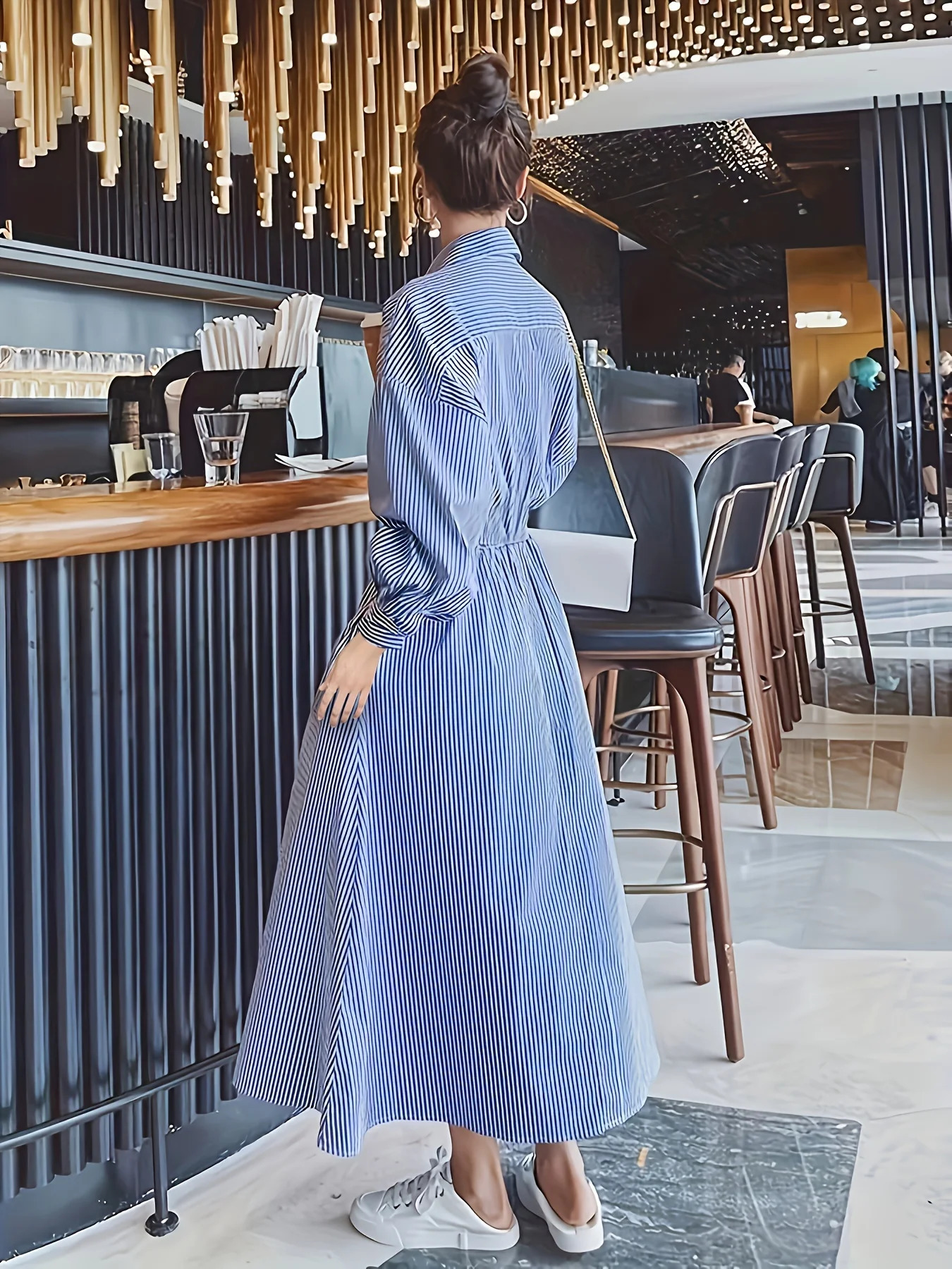 in ! Womens blue white striped shirt dress suitable for spring and autumn Weight loss with waist wrinkles high end long 250409