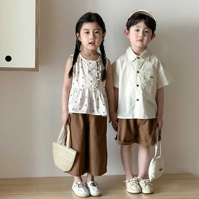 2PCs Childrens Summer Short Sleeve Set Boys Cotton Shirts Girls Sleeveless Top and Cropped Pants Set Brothers and sisters Clothing S2548