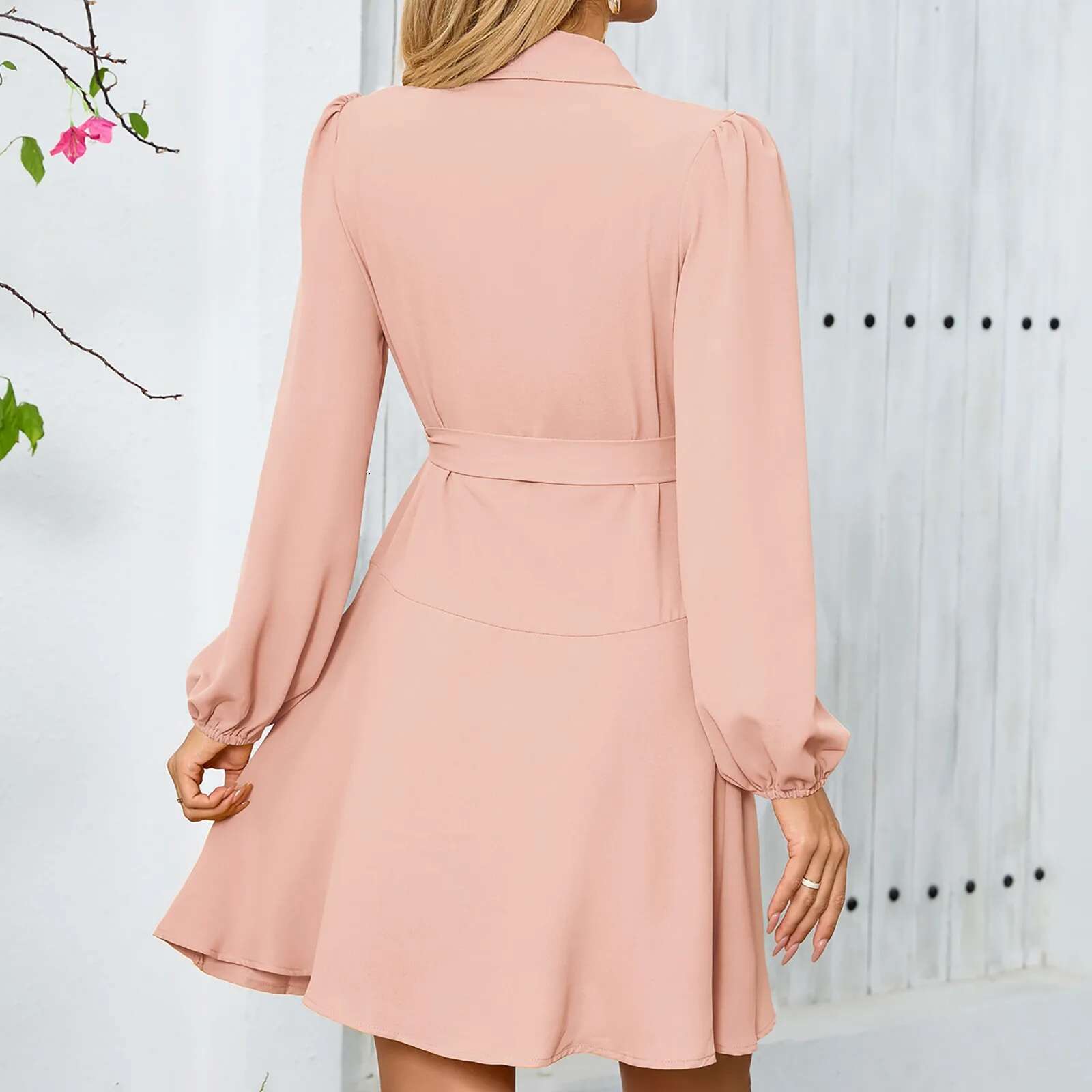 Dongdumaoyi Women New Dress Elegant Lace Up Long Sleeve Lapel Bevelled Hem Office Lady Solid Temperament Spring Woman Business Clothing