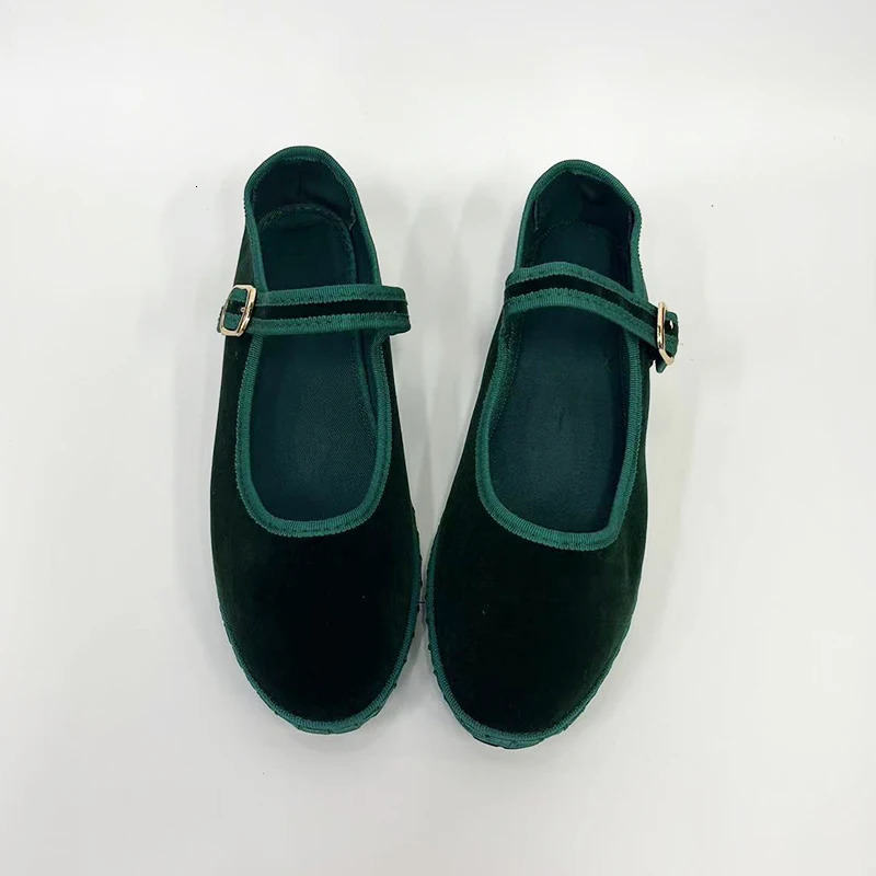 Flannel Flats Women Shoes Hand Stitch Mary Janes Ballet Casual Shoes Ladies Elegant Buckle Closure Velvet Loafers Dark Green 250402