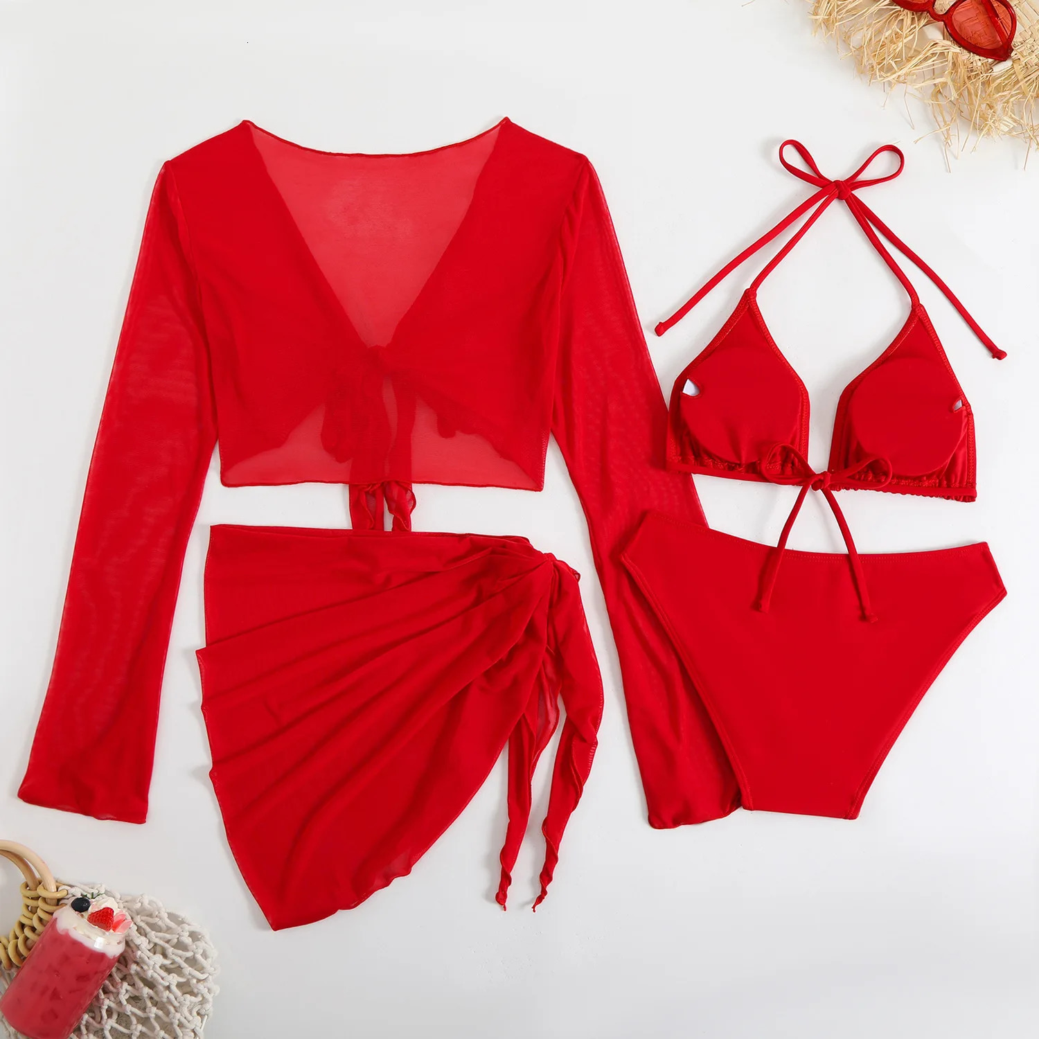 sexy bikini womens swimsuit four piece beach Brazilian red bathtub 250409