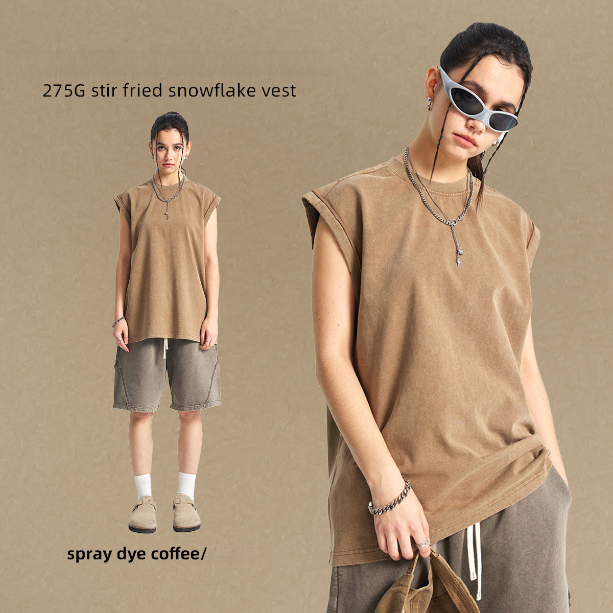 2025 wax printed loose edge distressed camisole men's high-quality washed sleeveless t-shirt