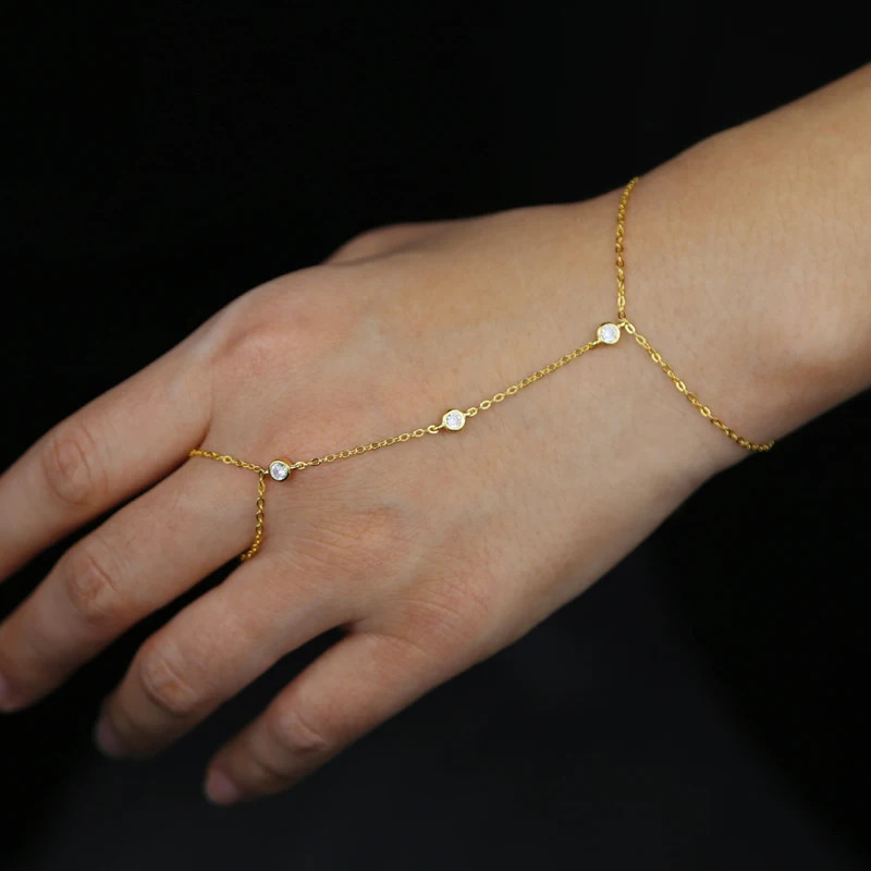 High quality 925 sterling silver gold color micro pave cz station charm chain bracelet with ring fashion wrist jewelry for women 250408