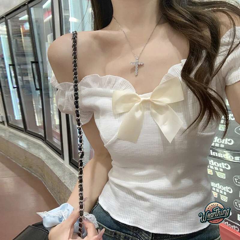 Fashion T-shirt Sweet Bowknot Women Pulovers Casual Short T-Shirt Top Puff Sleeve Women's Summer Tops Y2k Clothes