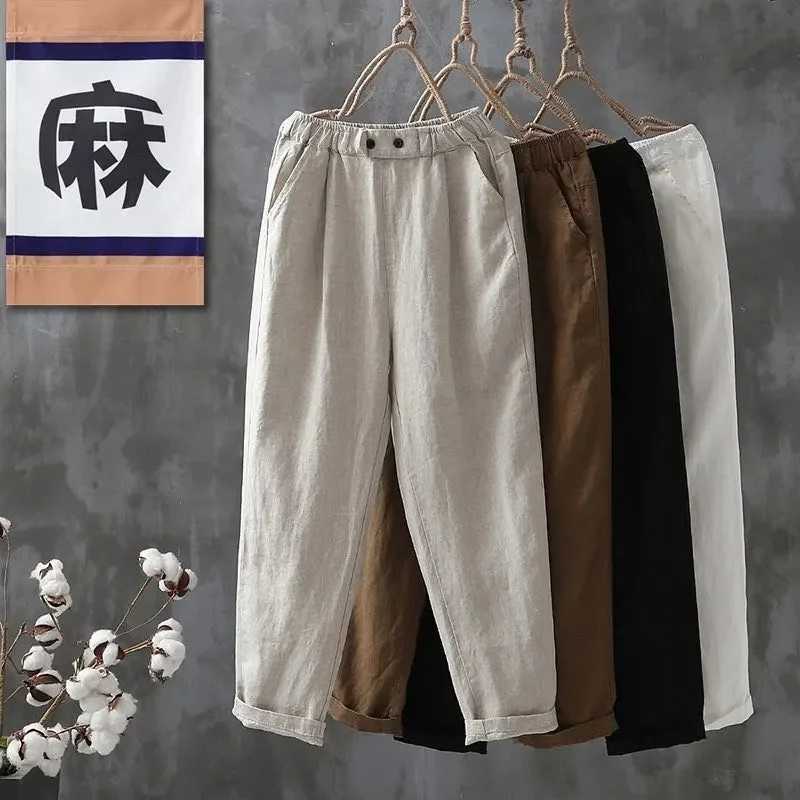 Womens high waisted casual Trouser womens loose oversized 4XL carrot pants summer ultra-thin cotton linen wide leg pantsXJ250403