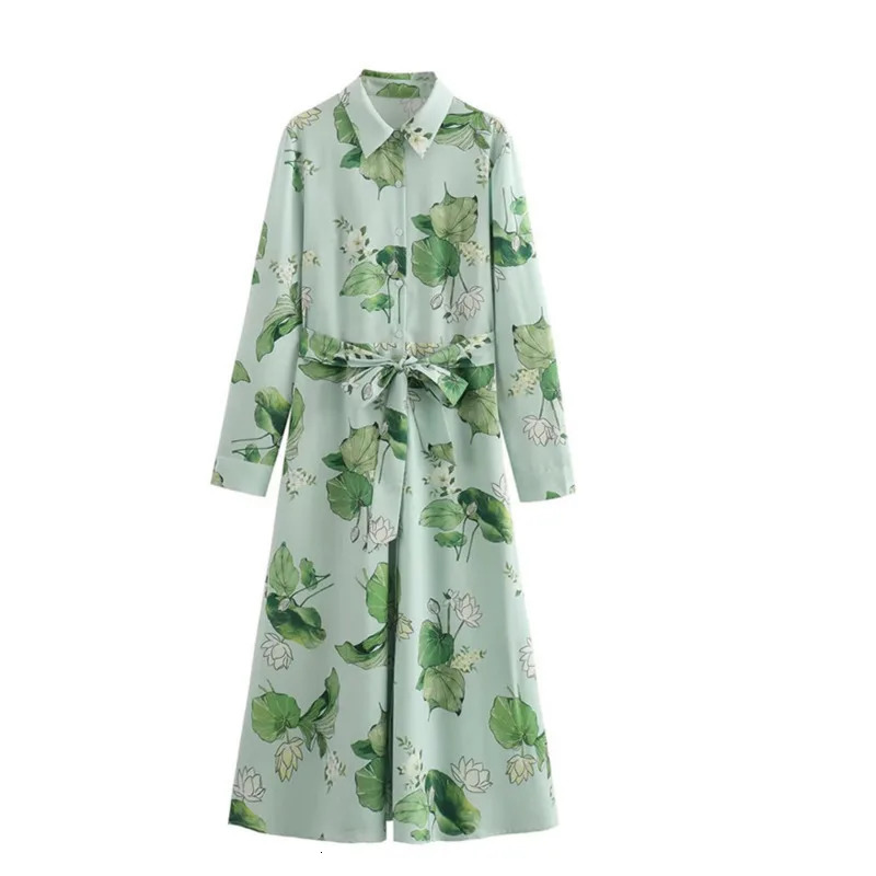Wxw4839 Retro Printed Long Sleeve Dress for Women Flip Collar Belt ALine Casual Shirt Spring 250409