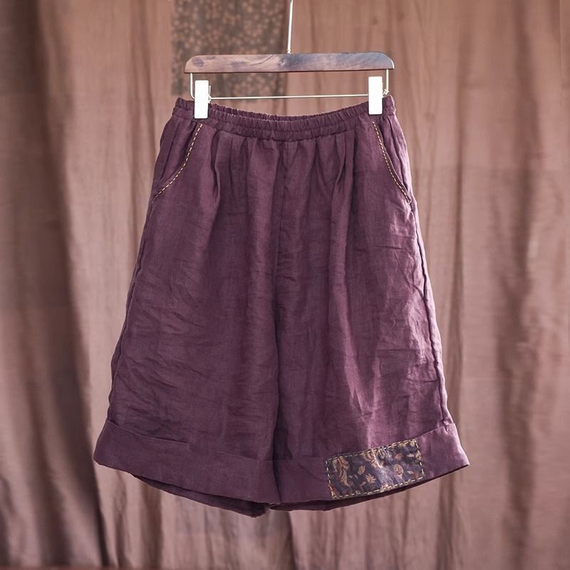 2025S Women s Designer Shorts Art Splicing Cotton And Hemp Casual Hot Pants Solid Color High Waist Loose Fit Wide Leg Sports Pentagram Pants Beach Pan