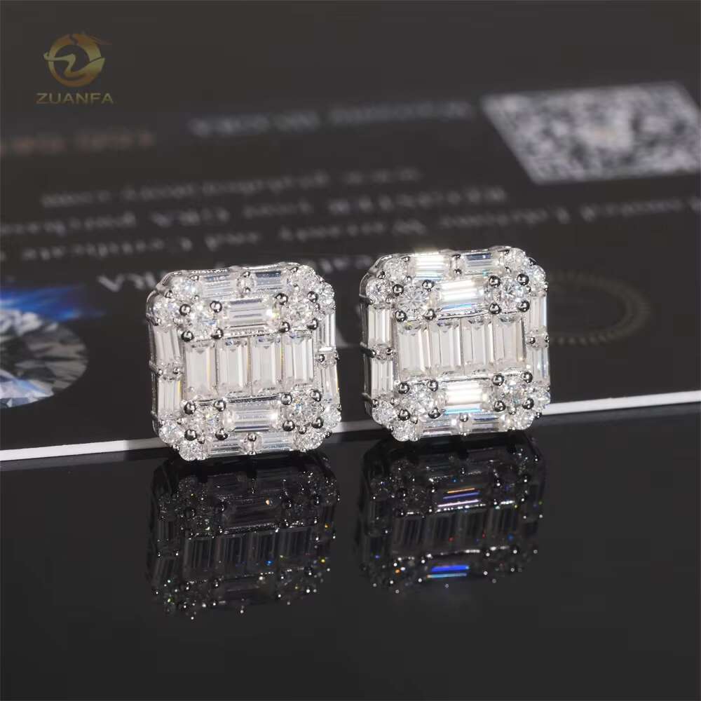 Luxury Baguette Diamond Iced Out Jewelry Gold Plated Hip Hop Moissanite 925 Silver Stud Earrings