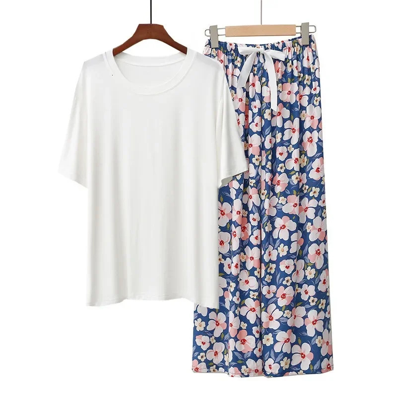 womens home clothing sleepwear set fashionable cotton contrasting color comfortable short sleeved wide leg pants 250409