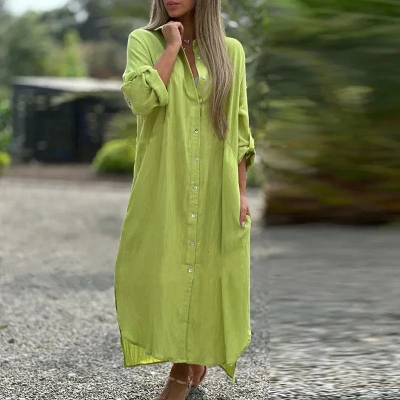 spring womens lapel long sleeved skirt casual cotton linen button up shirt holiday 250409