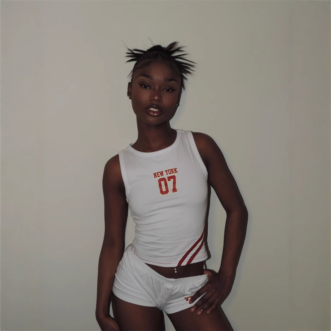 2025S Designer Women S Set Summer Umbilical Short Letter Number Printed Tank Top Waist Shorts Set