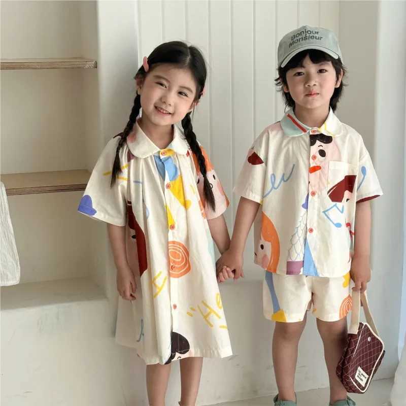 UNITIM New Summer Childrens Clothing Set Girls Cute Graffiti Dress Boys Short Sleeve Thin Shirts Childrens sisters Clothing S2548