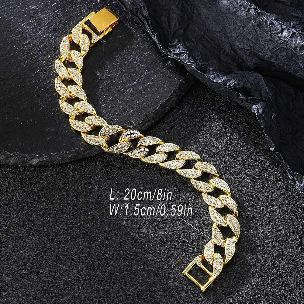 15MM Full Rhinestone Miami Cuban Chain Mens Ice Out Hip hop Necklace Rapper Jewelry Gift for teen boys Women girls