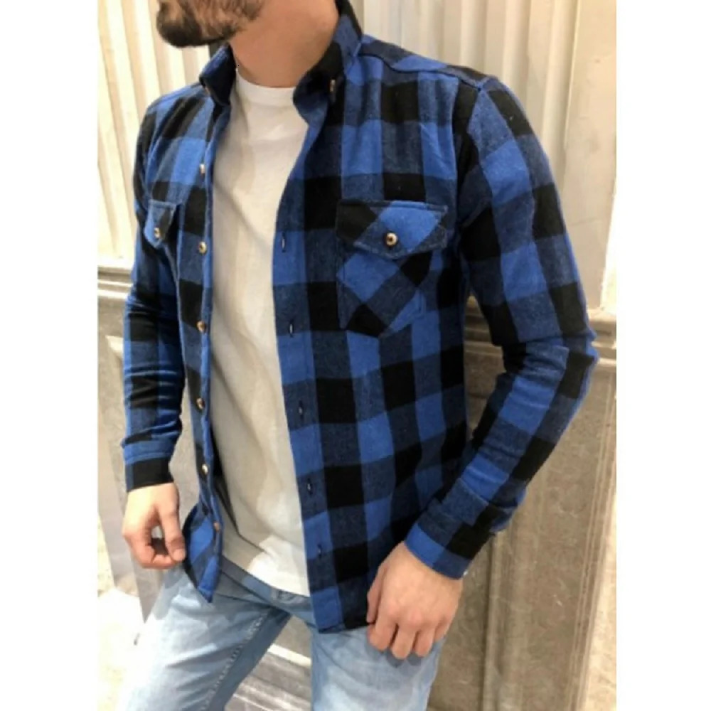 Spring And Autumn Selling All Matching Slim Long Sleeve Shirt Autumn Cotton Woolen Grid Mens Color Shirt 250409