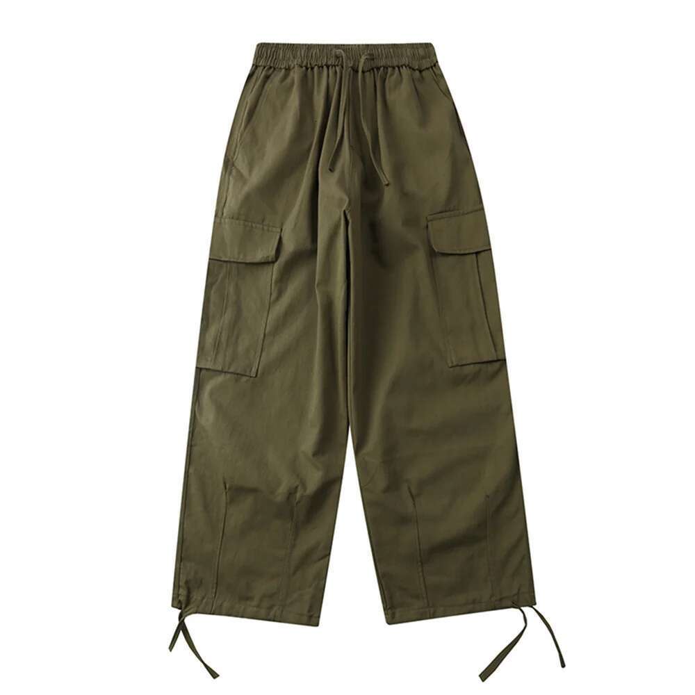Solid Color Casual Cargo Mens Multi-Pocket Safari Style Loose Straight-Leg Drawstring Elastic Waist Wide Leg Pants