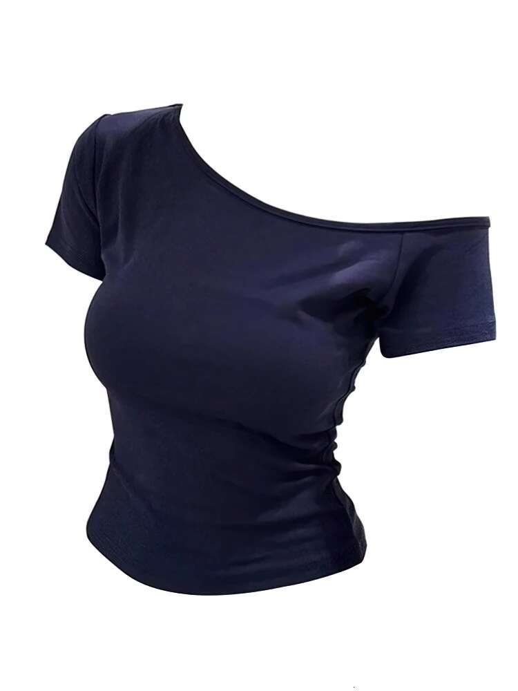 100% Ribbed Cotton Navy Blue Off shoulder Short sleeve T shirt Women Slim fit Body Summer Top y Basic Tees Korean Chic