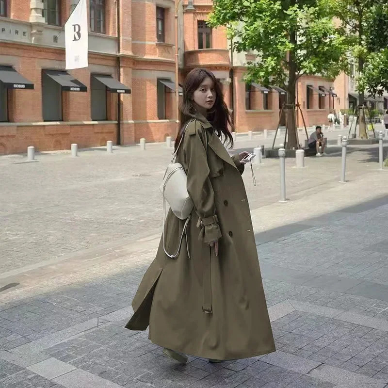 loose trench coat Midi length fashionable Korean elegant khaki black womens windproof casual double chest top 250409