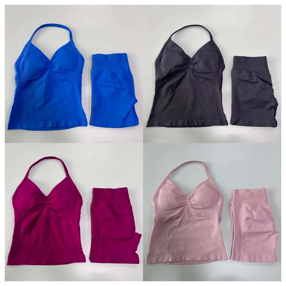 Impact Solid Color Yoga Set 2 with Cami Top and Ribbed Seamless Shorts 4-Way Stretch for Summer Fiess Pilates Gym