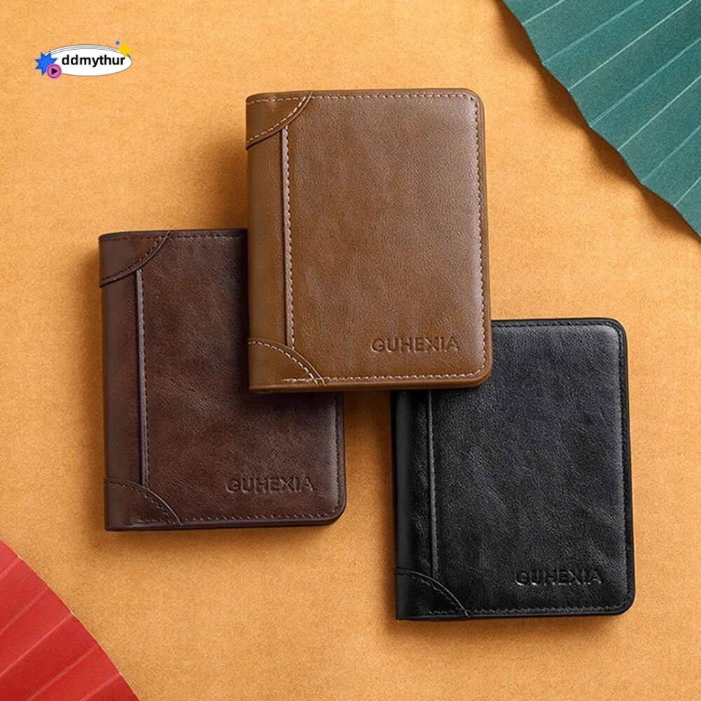 Leather Rfid Wallet Men Slim Vertical Wallets Black Thin Short ID Credit Card Holder Minimalist Men's Brown Money Bag ddmythur