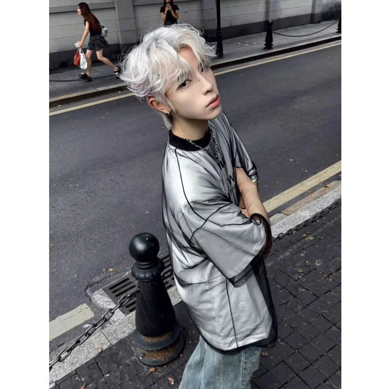 Summer American Street Black Grid Splicing Harajuku Oversized Round Neck Mens T-shirt Trendy Gothic Casual Half Sleeve Top 250408