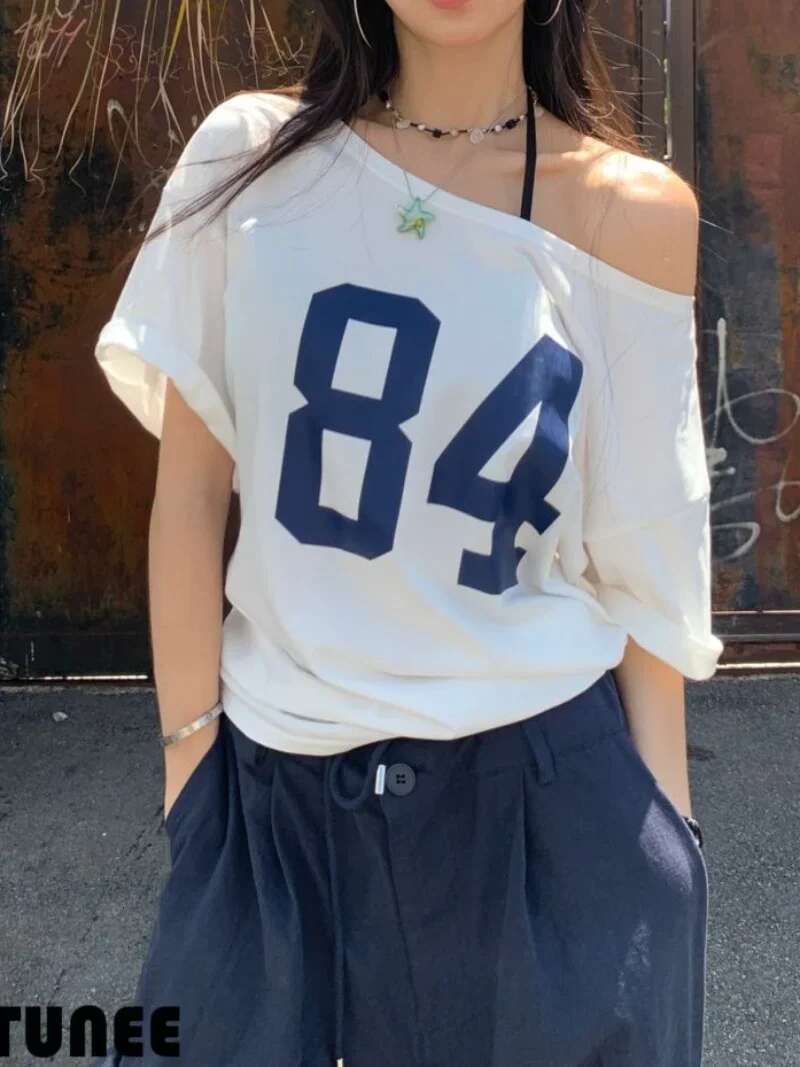 84 Print Short Sleeve One Shoulder T-shirt Street Style Tee Vintage Streetwear Y2K Tops Women Korean Summer White T Shirt