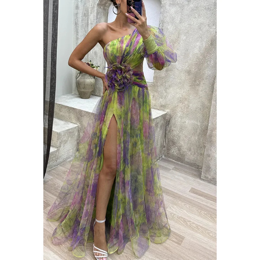 Summer Mesh Womens Evening Dress Single Shoulder Split Elegant Long Fashion Party Club Ms Vestodos 250409