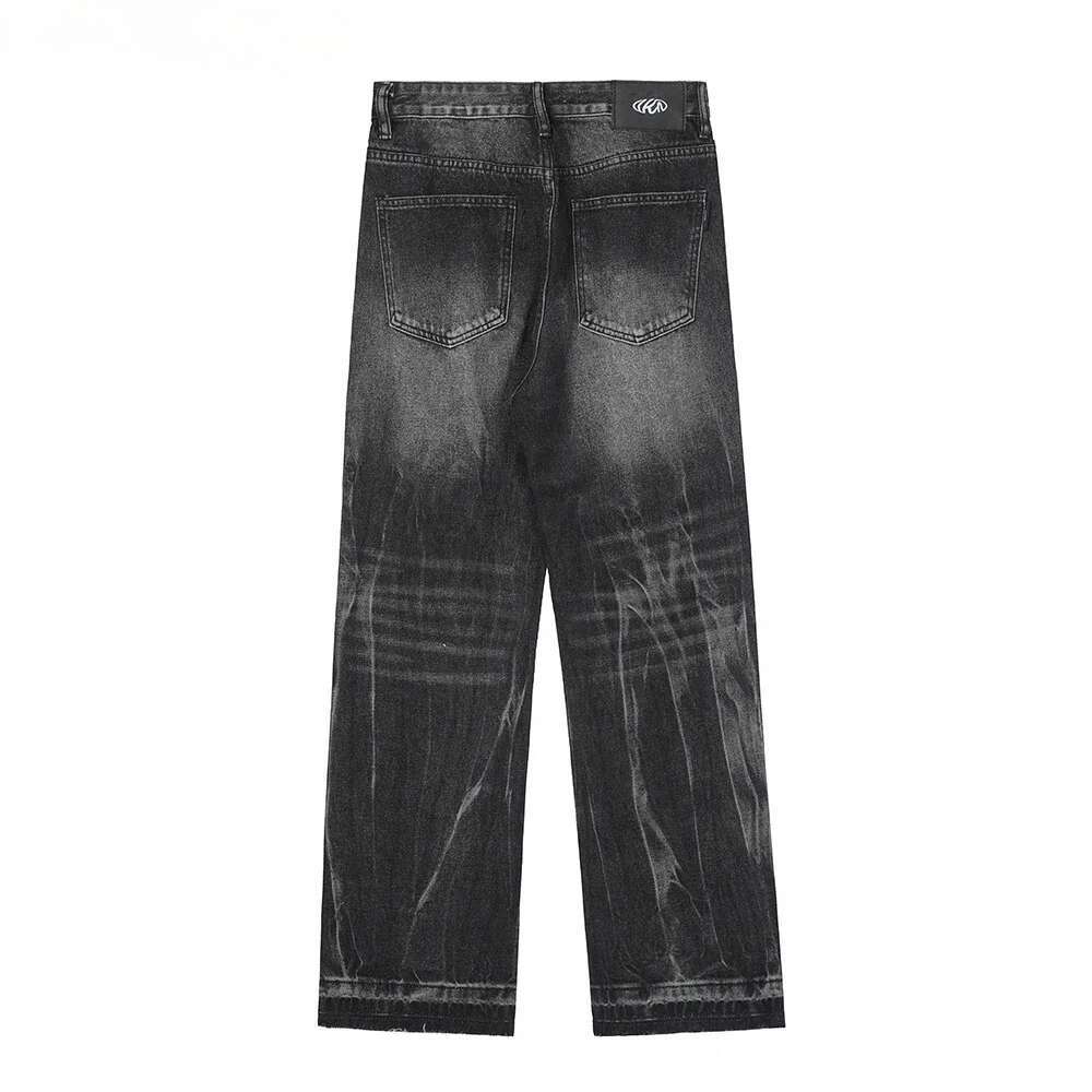 Black Grey Denim Mens Raw Edge Loose Straight-Leg Pants High Street Washed Distressed Casual Jeans Men