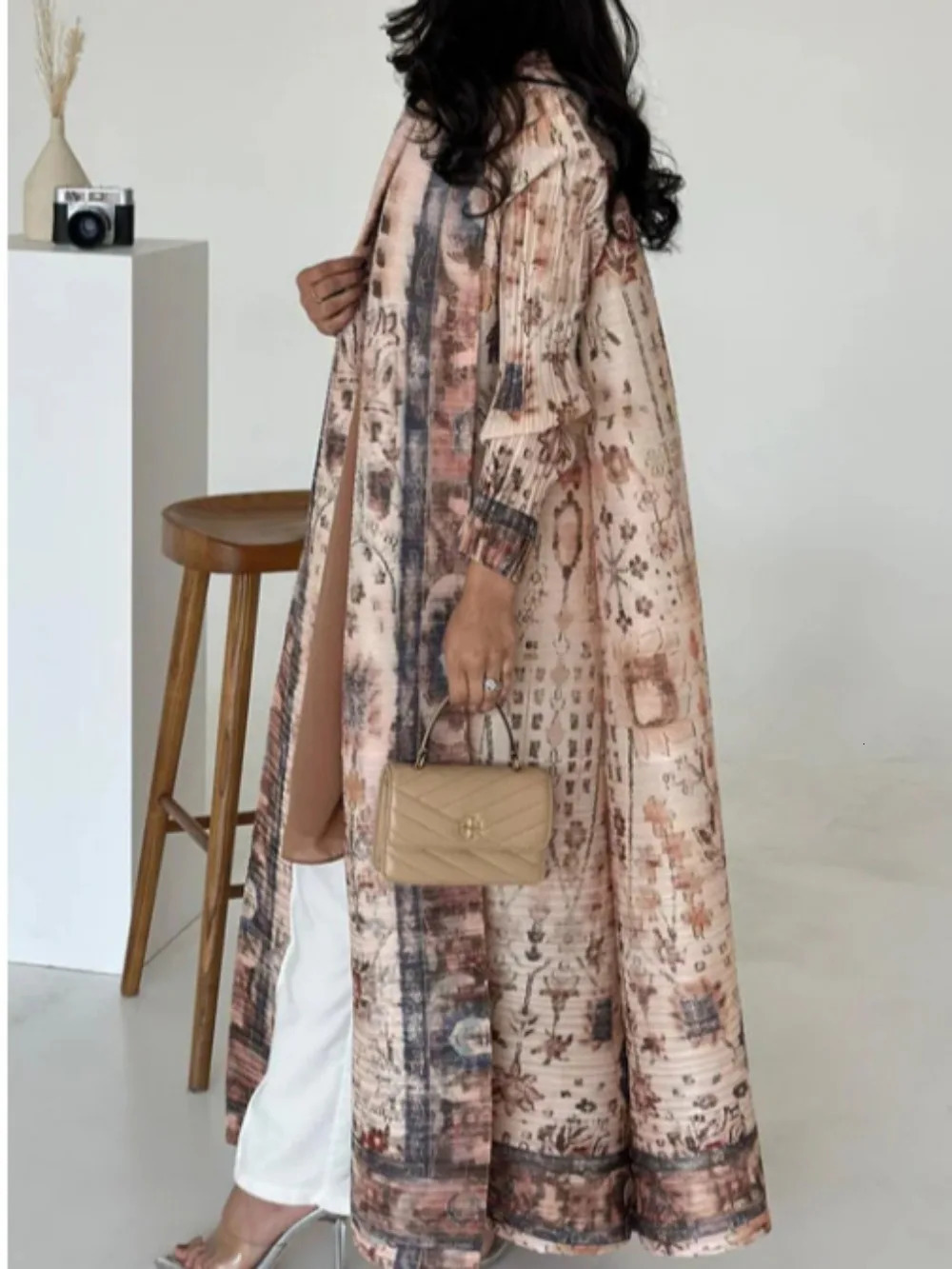 Muslim pleated Abaya elastic open dress Eid al Fitr womens Maxi Caftan cardigan wool sweater printed in Dubai Kaftan Islam Vestidos Jalabiya 250409