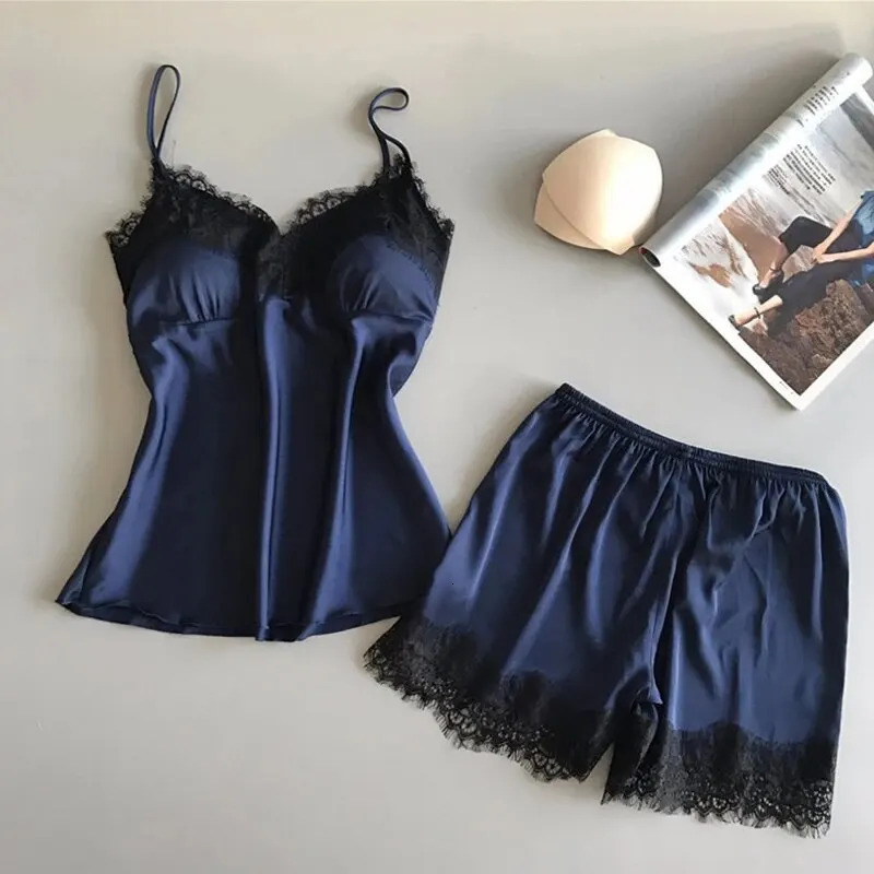 Women Pajama Suit Fashion V-Neck Stretch Satin Babydoll Lace Sexy Lingerie Bowknot Pyjamas Sleep Shorts Set Sleepwear 250409
