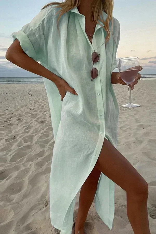 Spring Cotton Linen Womens Long Shirt with Collar and White Dress for Fashion Elegant Loose Clothing 250409