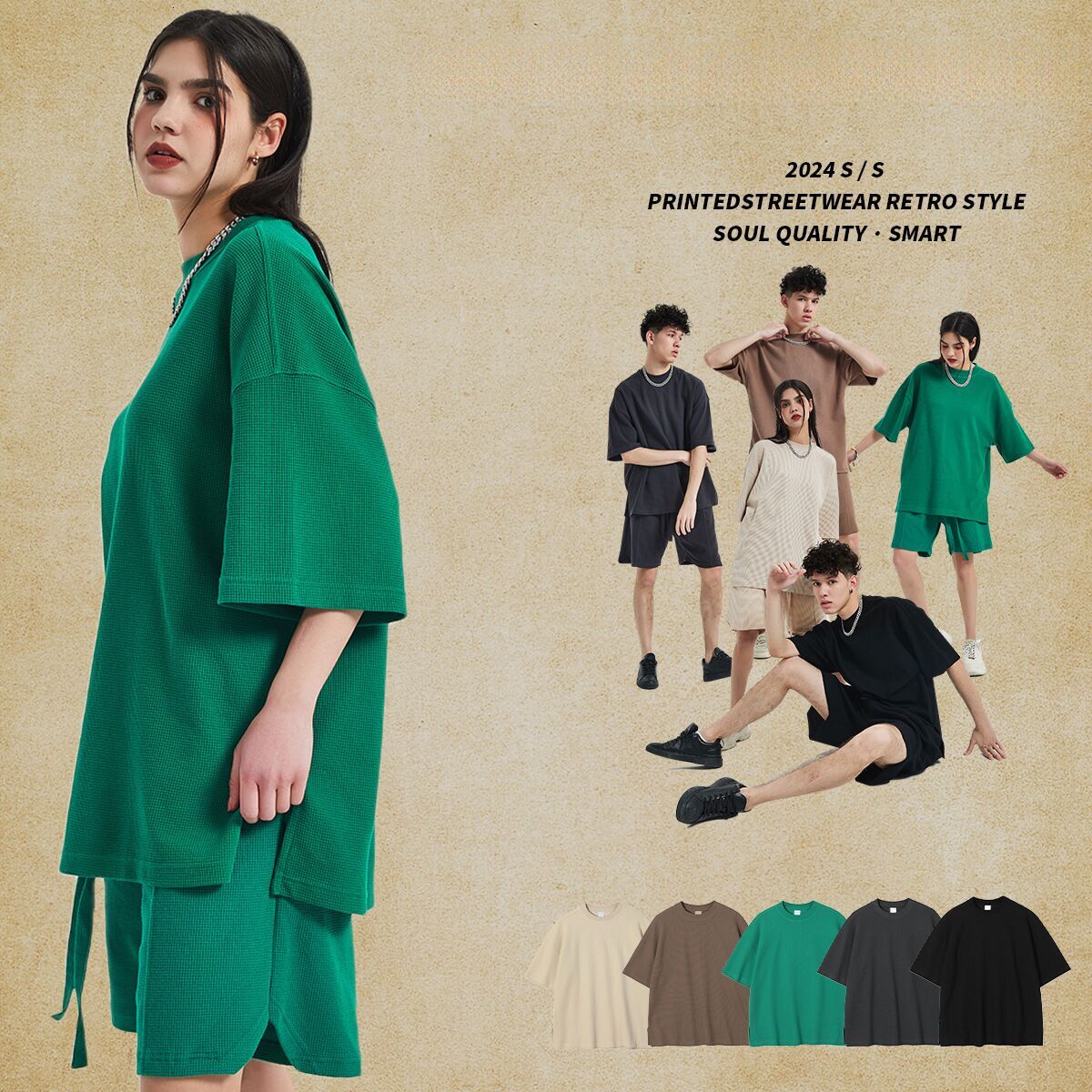 2025 Spring/Summer New Product Breathable Waffle 260g Men's High Street Casual Loose Short Sleeve T-shirt Men