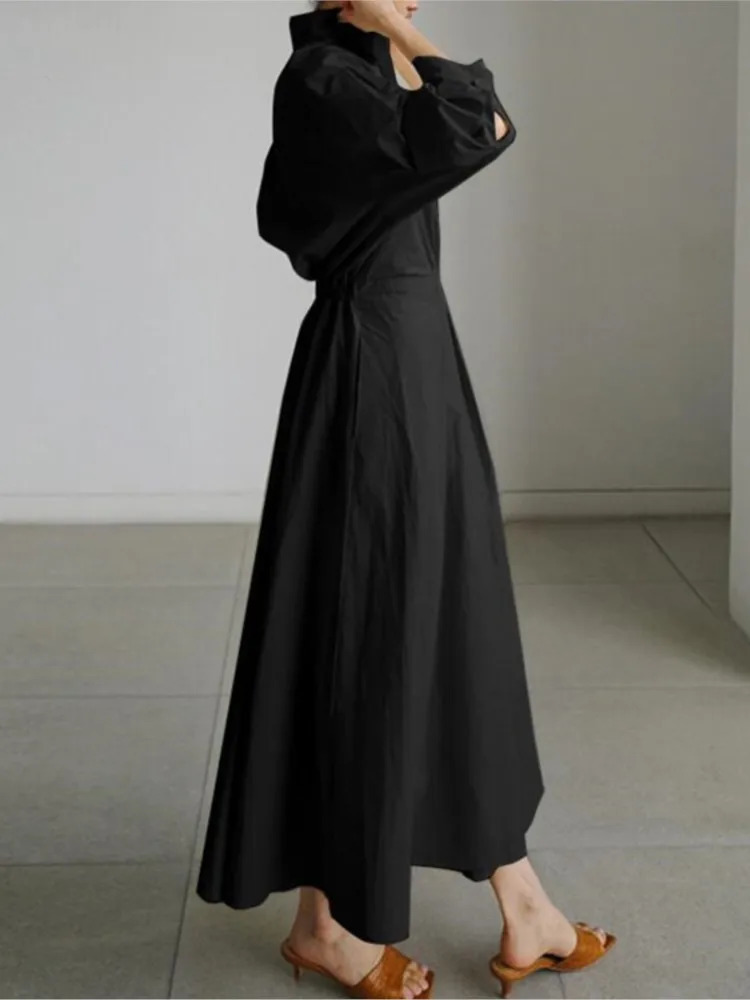 Casual cotton linen shirt dress womens long sleeved elegant skirt spring and autumn Vneck party 250409