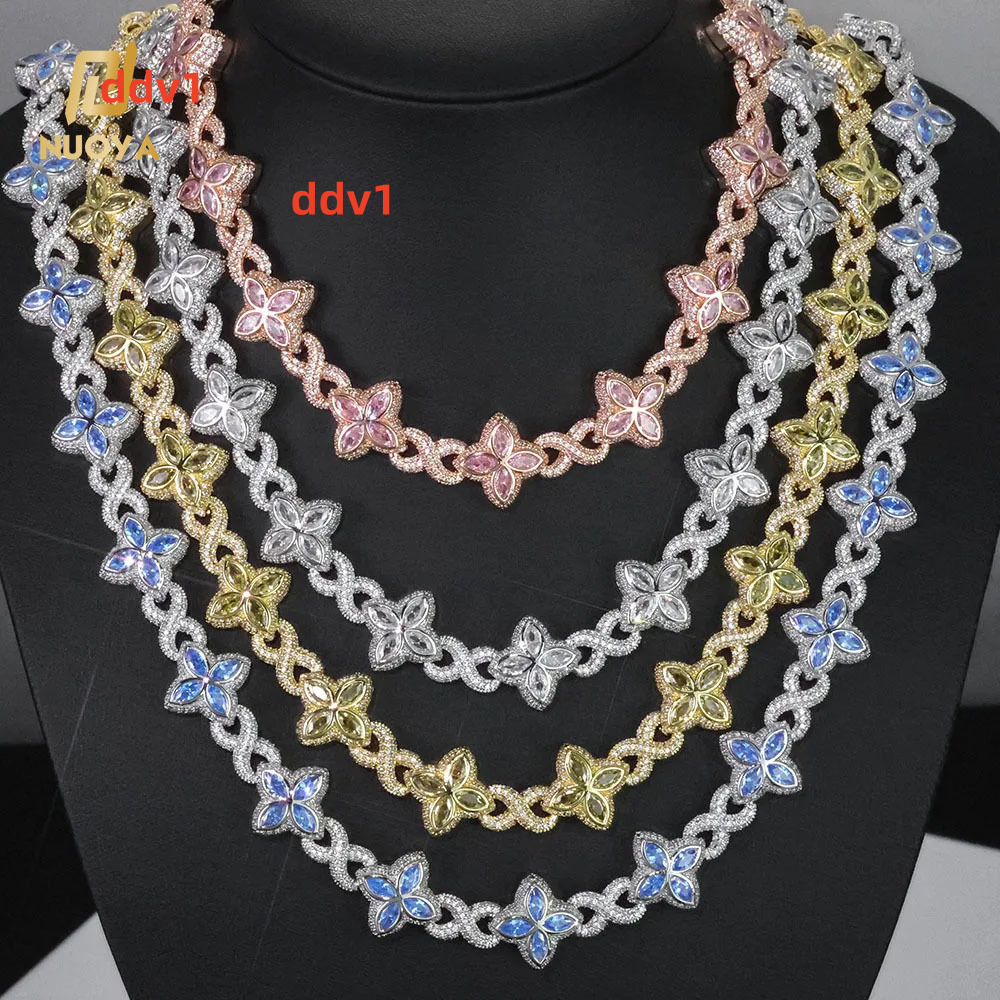 NUOYA Hip Hop Jewelry 8mm Colored Iced Out Diamond Flower Chain Infinite Symbol Chain Four Leaf Clover Necklace for Men Women